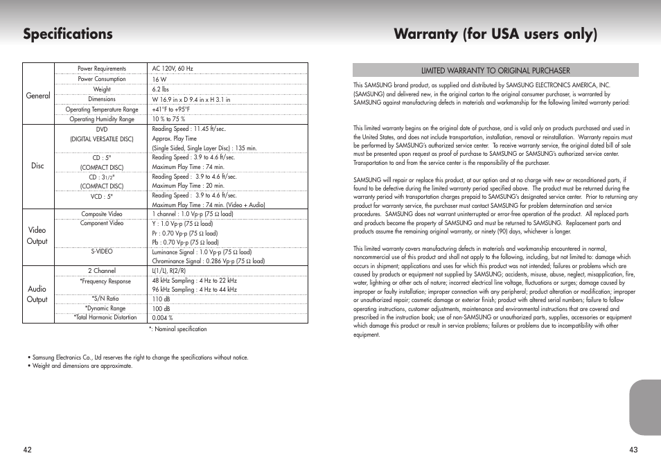 Warranty (for usa users only), Specifications | Samsung DVD-P421-XAA User Manual | Page 22 / 22