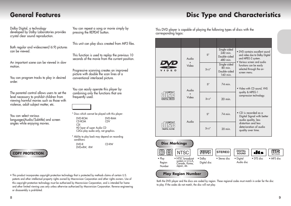 General features disc type and characteristics, Ntsc | Samsung DVD-P421-XAA User Manual | Page 5 / 22