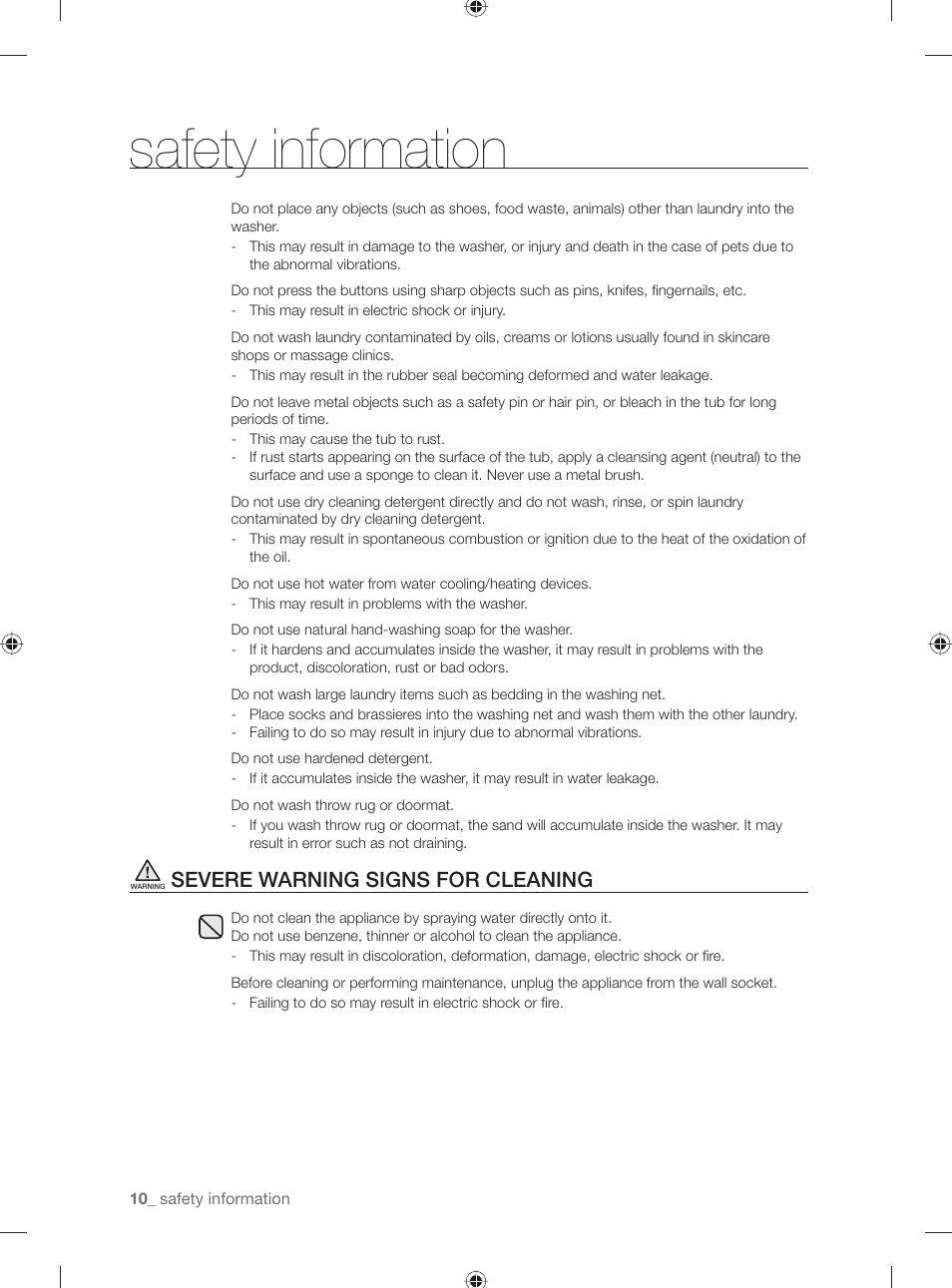 Safety information, Severe warning signs for cleaning | Samsung WF231ANW-XAA User Manual | Page 10 / 76