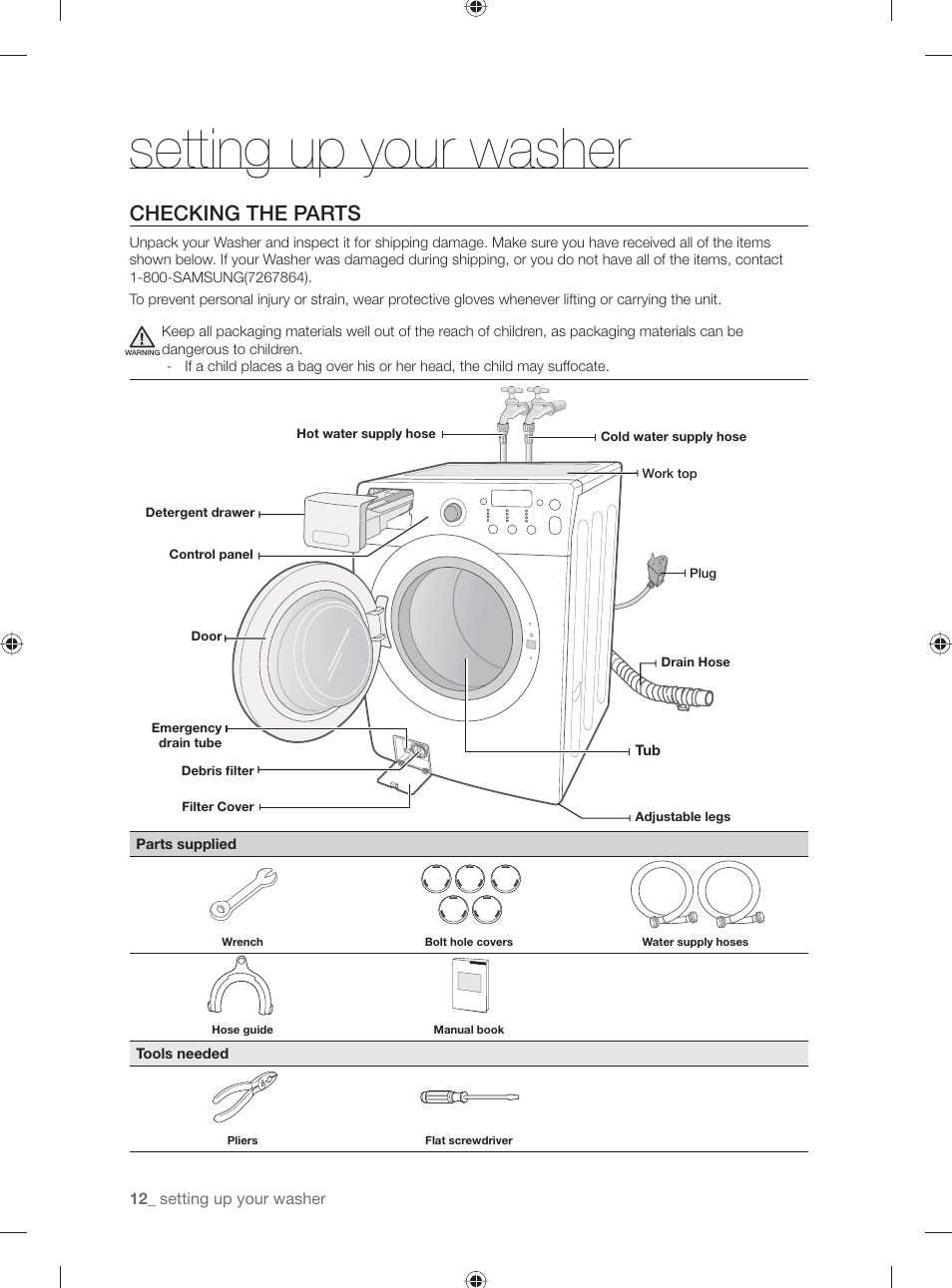 Setting up your washer, Checking the parts | Samsung WF231ANW-XAA User Manual | Page 12 / 76