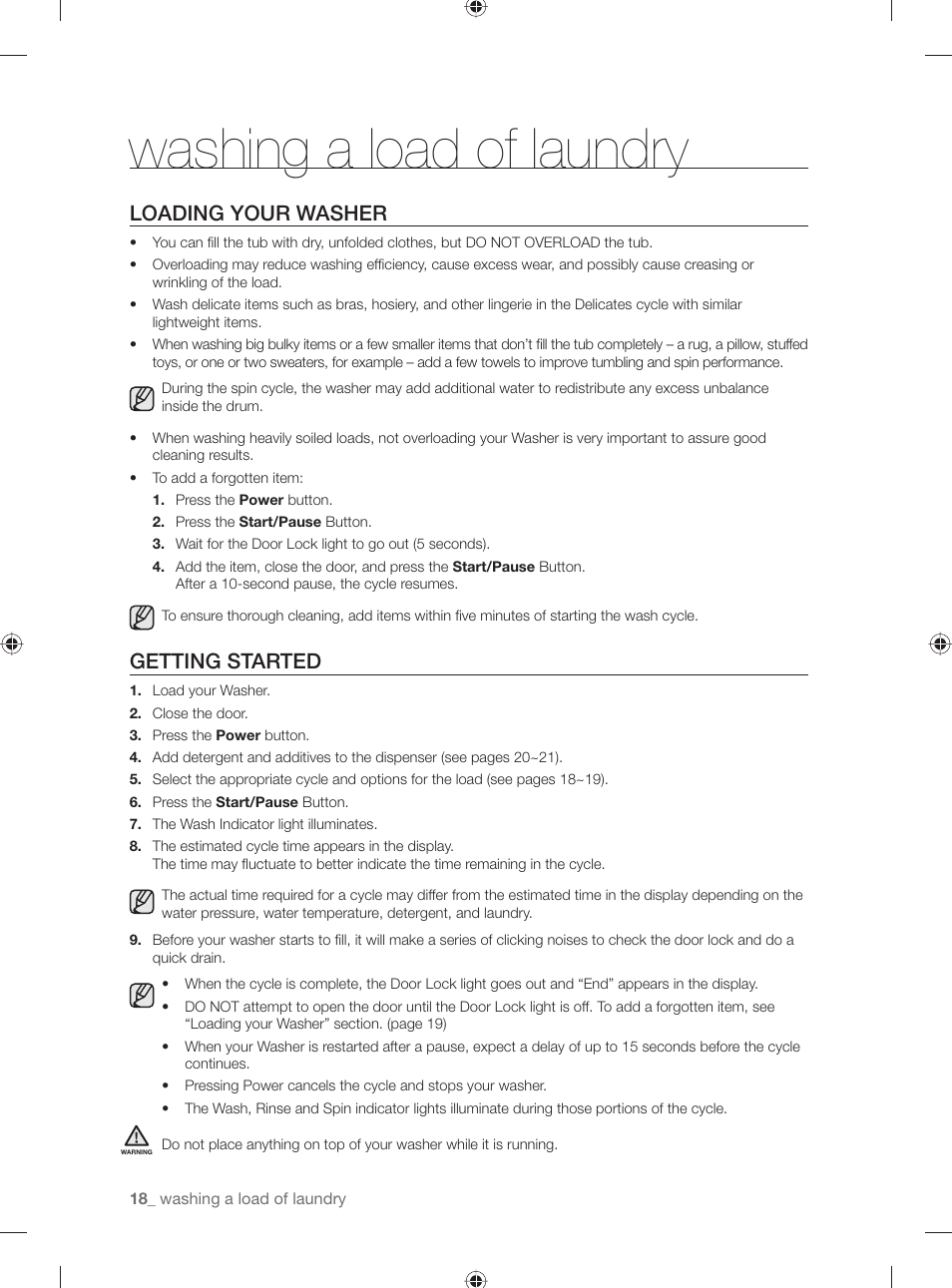 Washing a load of laundry, Loading your washer, Getting started | Samsung WF231ANW-XAA User Manual | Page 18 / 76