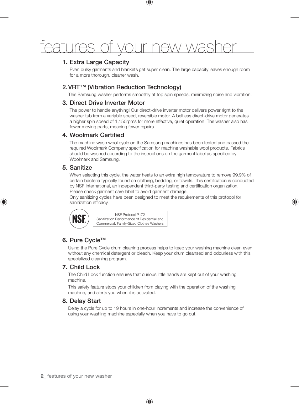 Features of your new washer | Samsung WF231ANW-XAA User Manual | Page 2 / 76