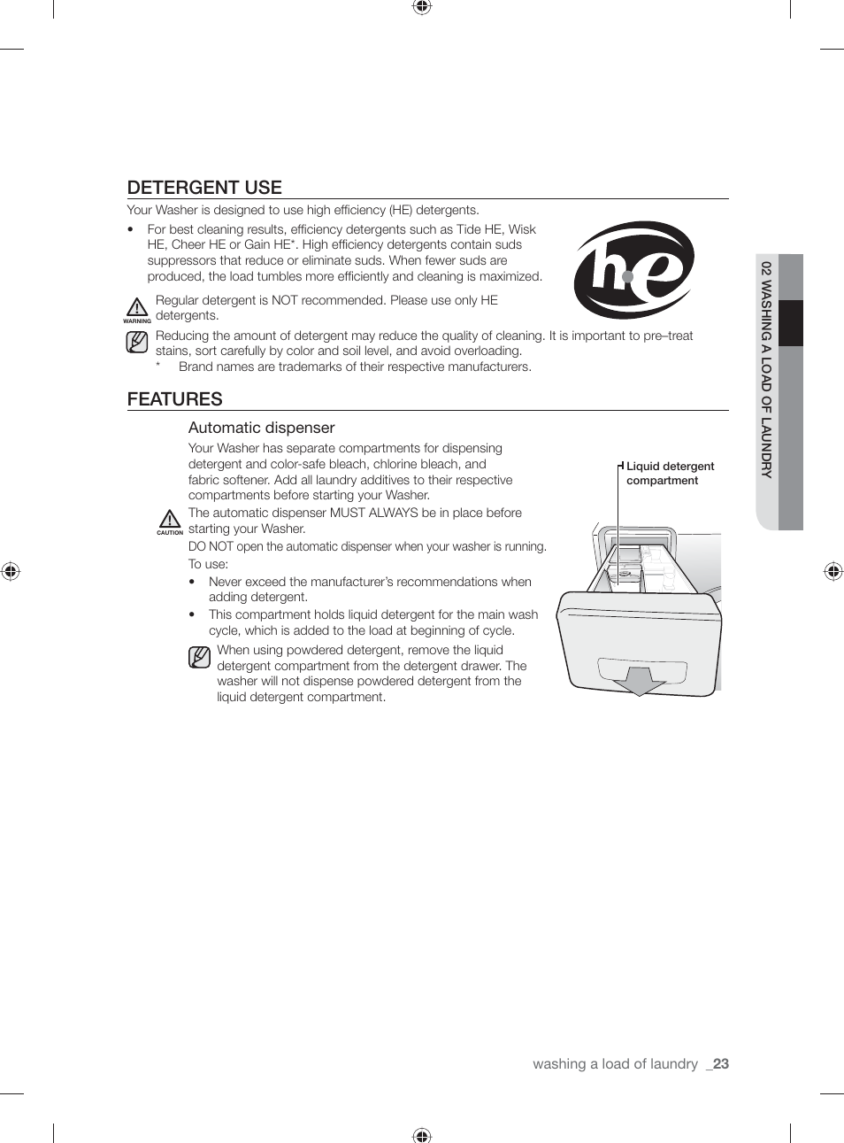 Detergent use, Features, Automatic dispenser | Samsung WF231ANW-XAA User Manual | Page 23 / 76