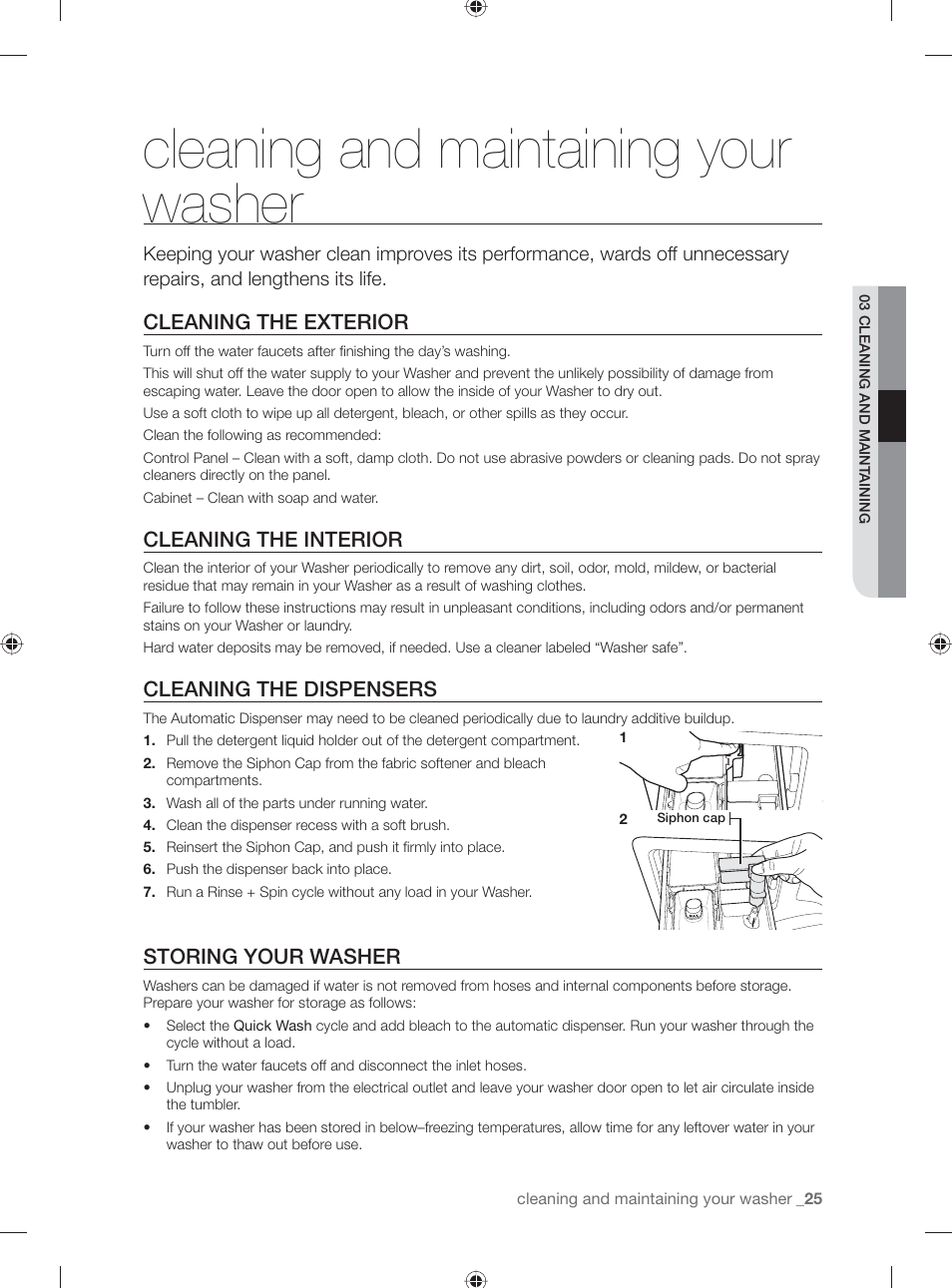Cleaning and maintaining your washer, Cleaning the exterior, Cleaning the interior | Cleaning the dispensers, Storing your washer | Samsung WF231ANW-XAA User Manual | Page 25 / 76