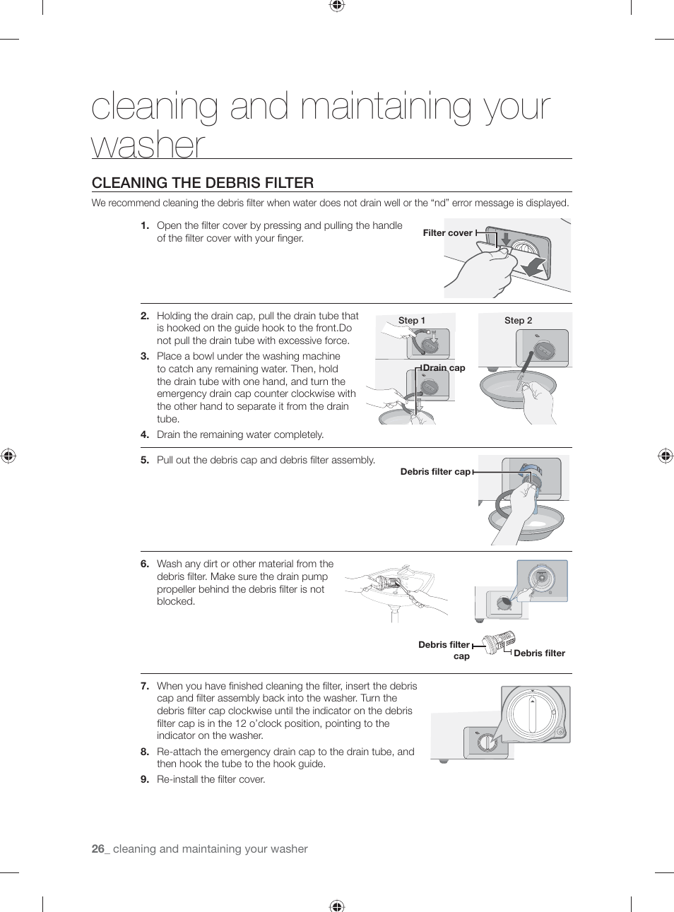 Cleaning and maintaining your washer, Cleaning the debris filter | Samsung WF231ANW-XAA User Manual | Page 26 / 76