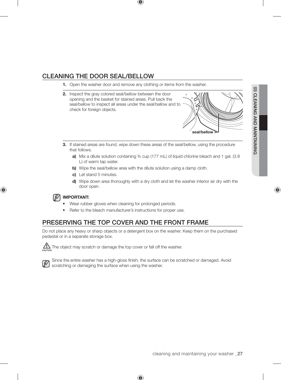 Cleaning the door seal/bellow, Preserving the top cover and the front frame | Samsung WF231ANW-XAA User Manual | Page 27 / 76