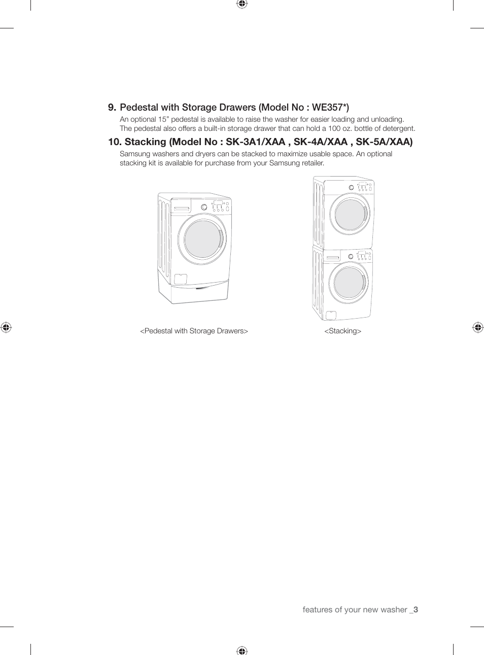 Pedestal with storage drawers (model no : we357*) | Samsung WF231ANW-XAA User Manual | Page 3 / 76