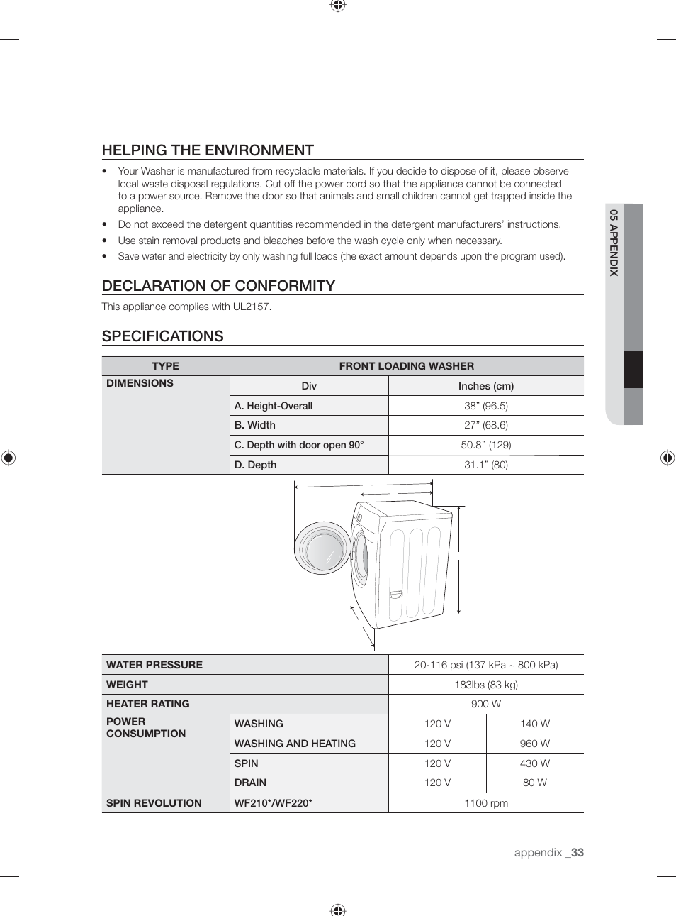 Helping the environment, Declaration of conformity, Specifications | Samsung WF231ANW-XAA User Manual | Page 33 / 76