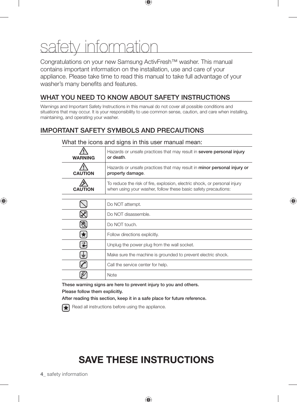 Safety information, Save these instructions, What you need to know about safety instructions | Important safety symbols and precautions | Samsung WF231ANW-XAA User Manual | Page 4 / 76