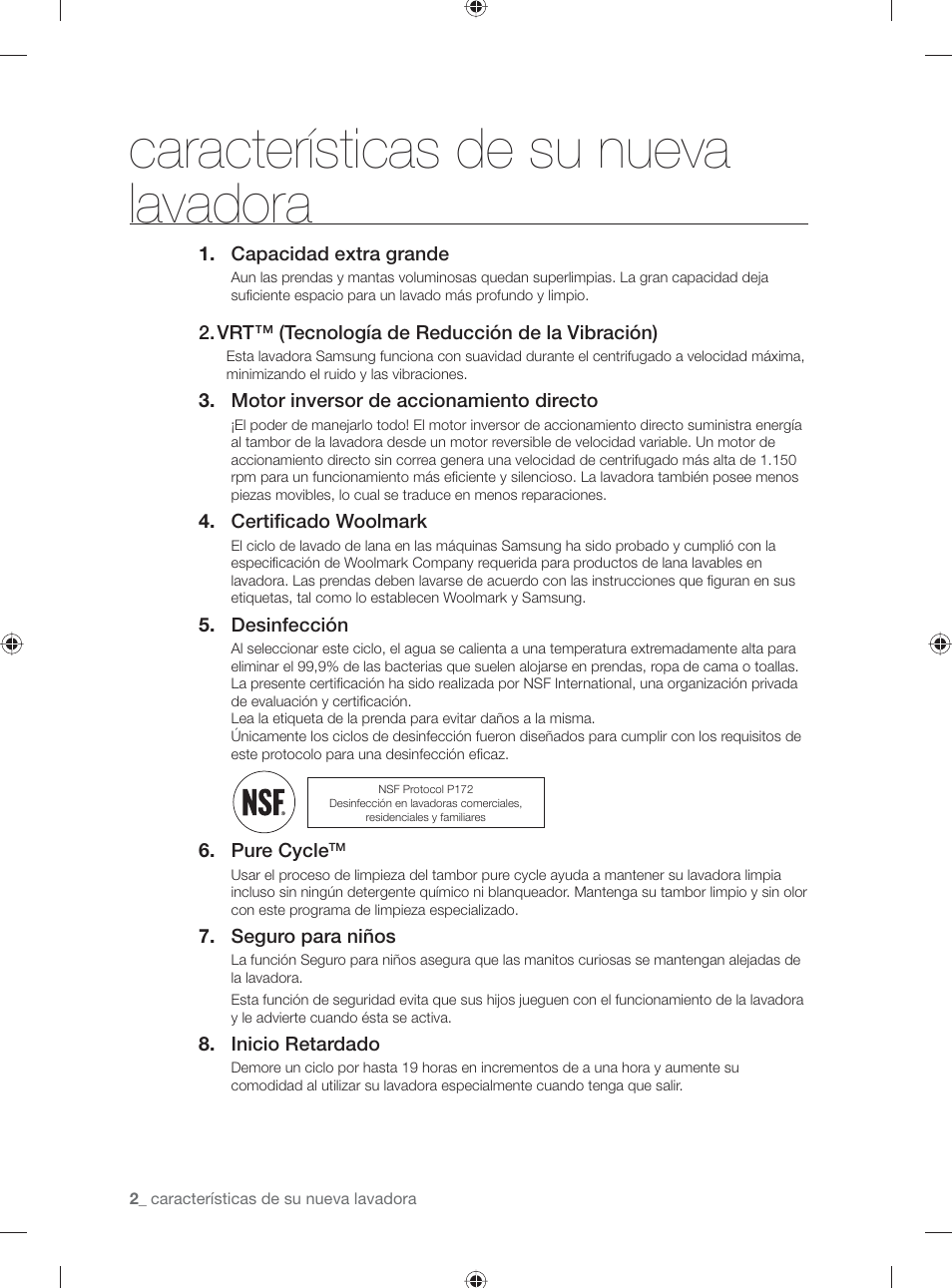 Características de su nueva lavadora | Samsung WF231ANW-XAA User Manual | Page 40 / 76