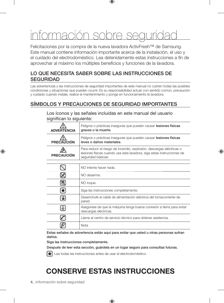 Información sobre seguridad, Conserve estas instrucciones, Símbolos y precauciones de seguridad importantes | Samsung WF231ANW-XAA User Manual | Page 42 / 76