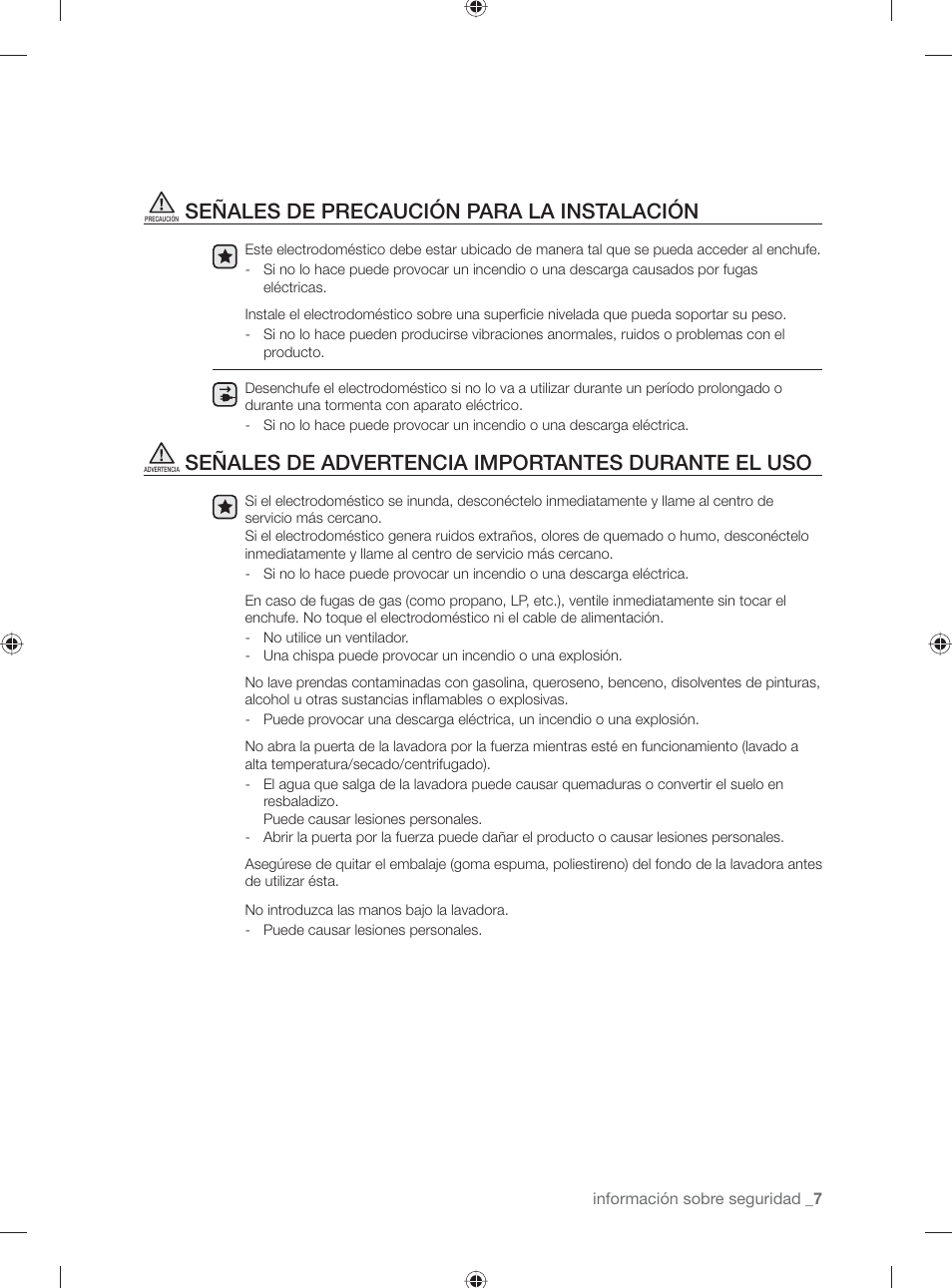 Señales de precaución para la instalación, Señales de advertencia importantes durante el uso | Samsung WF231ANW-XAA User Manual | Page 45 / 76