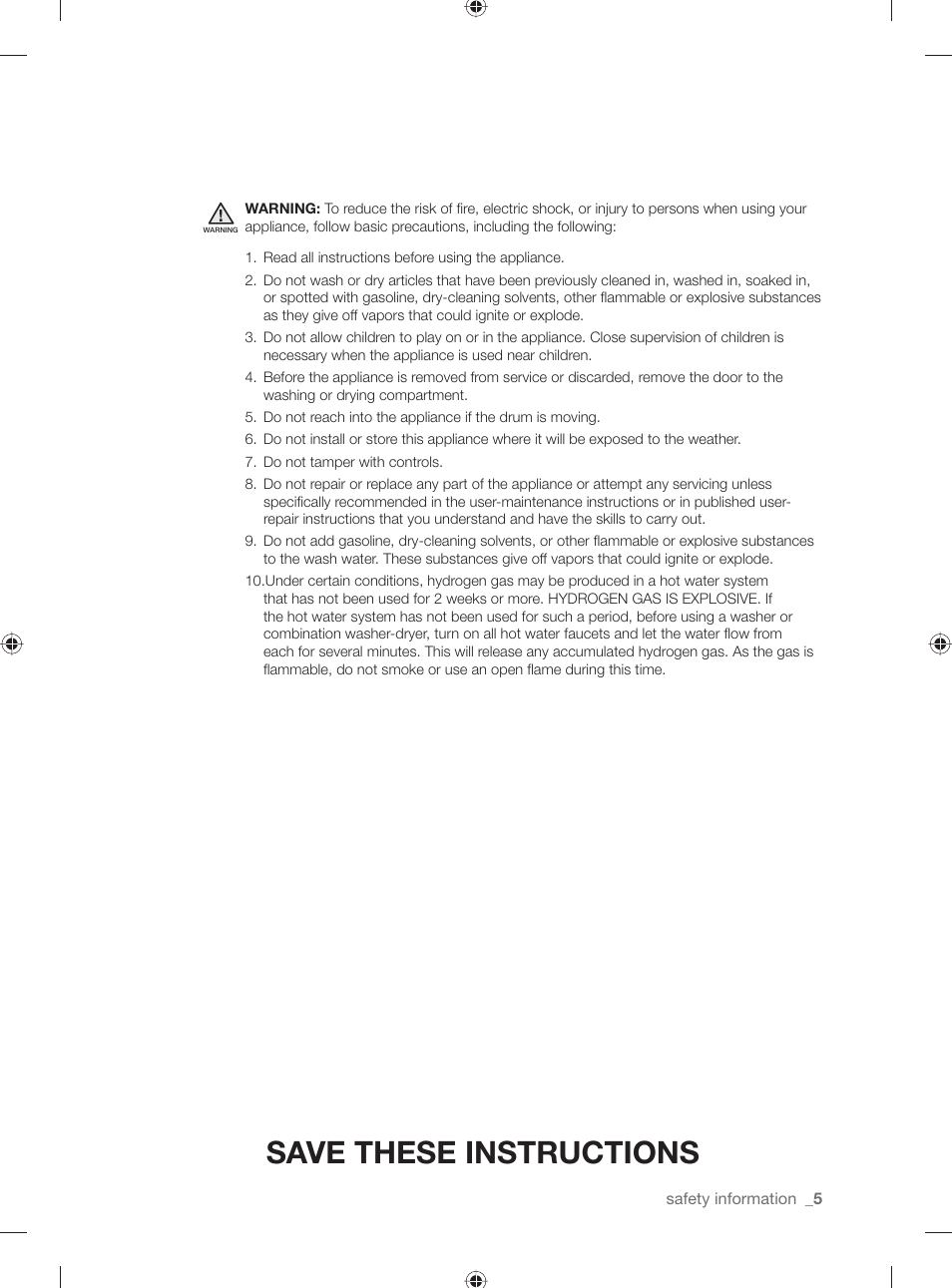Save these instructions | Samsung WF231ANW-XAA User Manual | Page 5 / 76