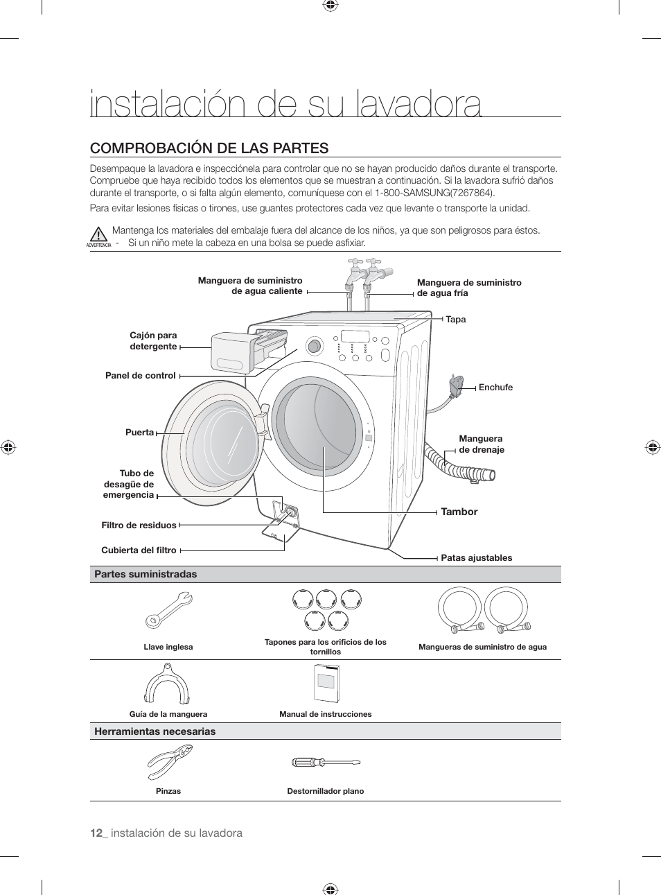 Instalación de su lavadora, Comprobación de las partes | Samsung WF231ANW-XAA User Manual | Page 50 / 76