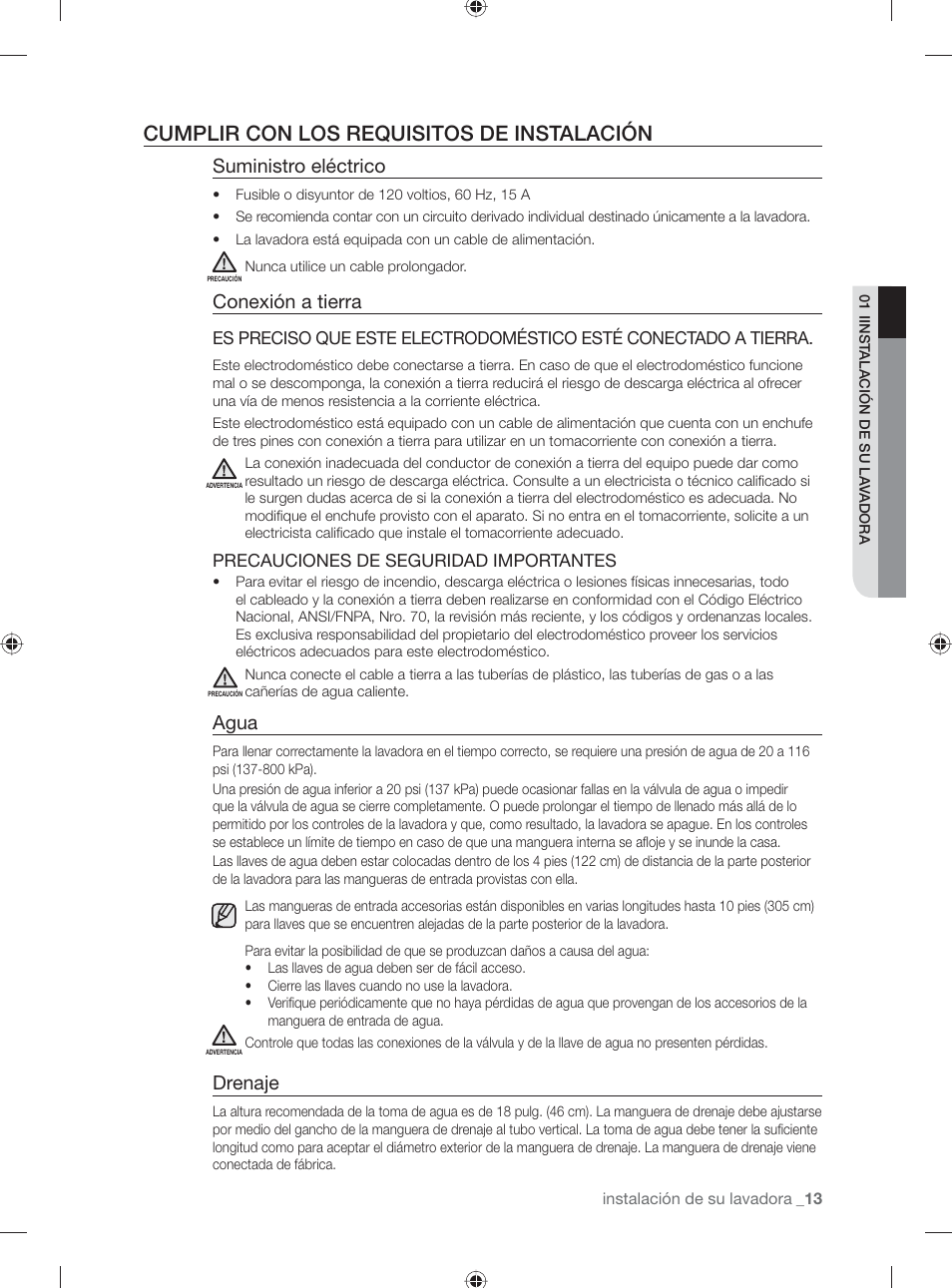Cumplir con los requisitos de instalación, Suministro eléctrico, Conexión a tierra | Agua, Drenaje | Samsung WF231ANW-XAA User Manual | Page 51 / 76