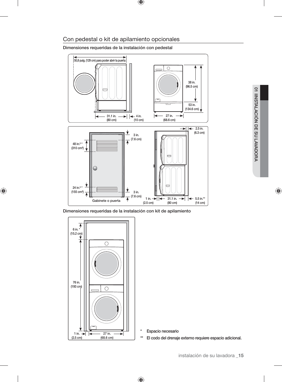 Con pedestal o kit de apilamiento opcionales, Instalación de su lavadora | Samsung WF231ANW-XAA User Manual | Page 53 / 76