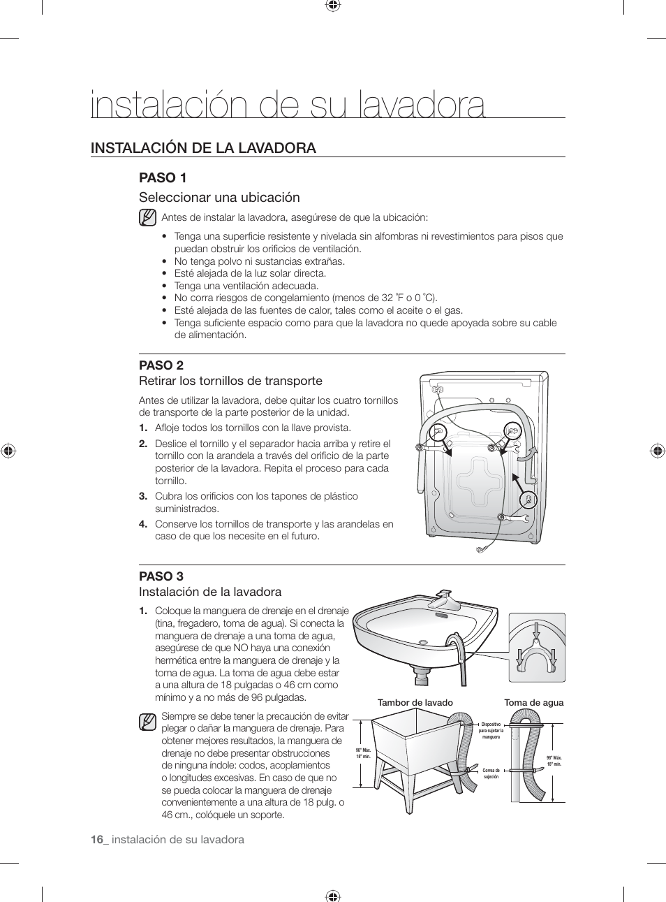 Instalación de su lavadora, Instalación de la lavadora, Paso 1 seleccionar una ubicación | Samsung WF231ANW-XAA User Manual | Page 54 / 76