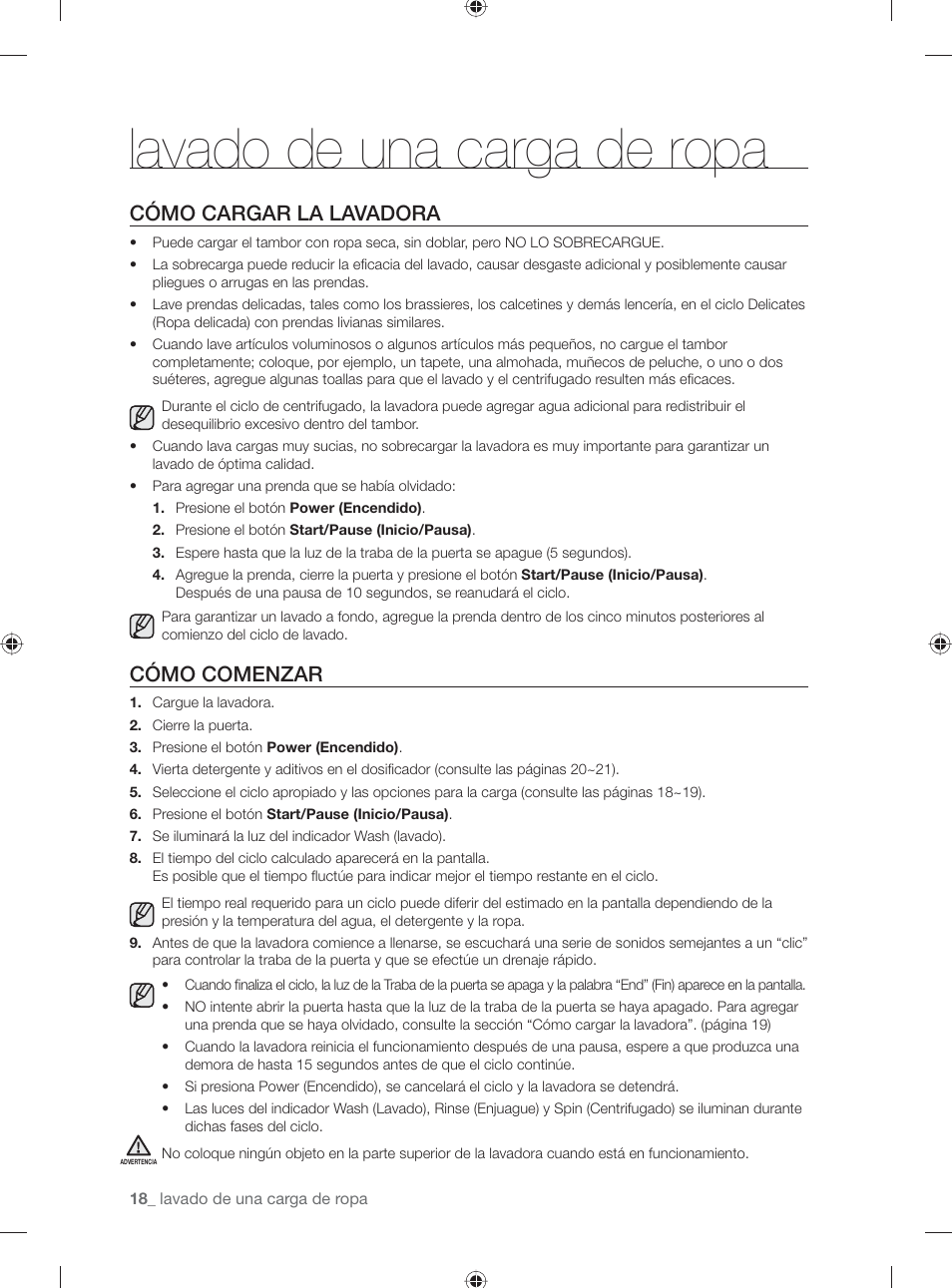 Lavado de una carga de ropa, Cómo cargar la lavadora, Cómo comenzar | Samsung WF231ANW-XAA User Manual | Page 56 / 76