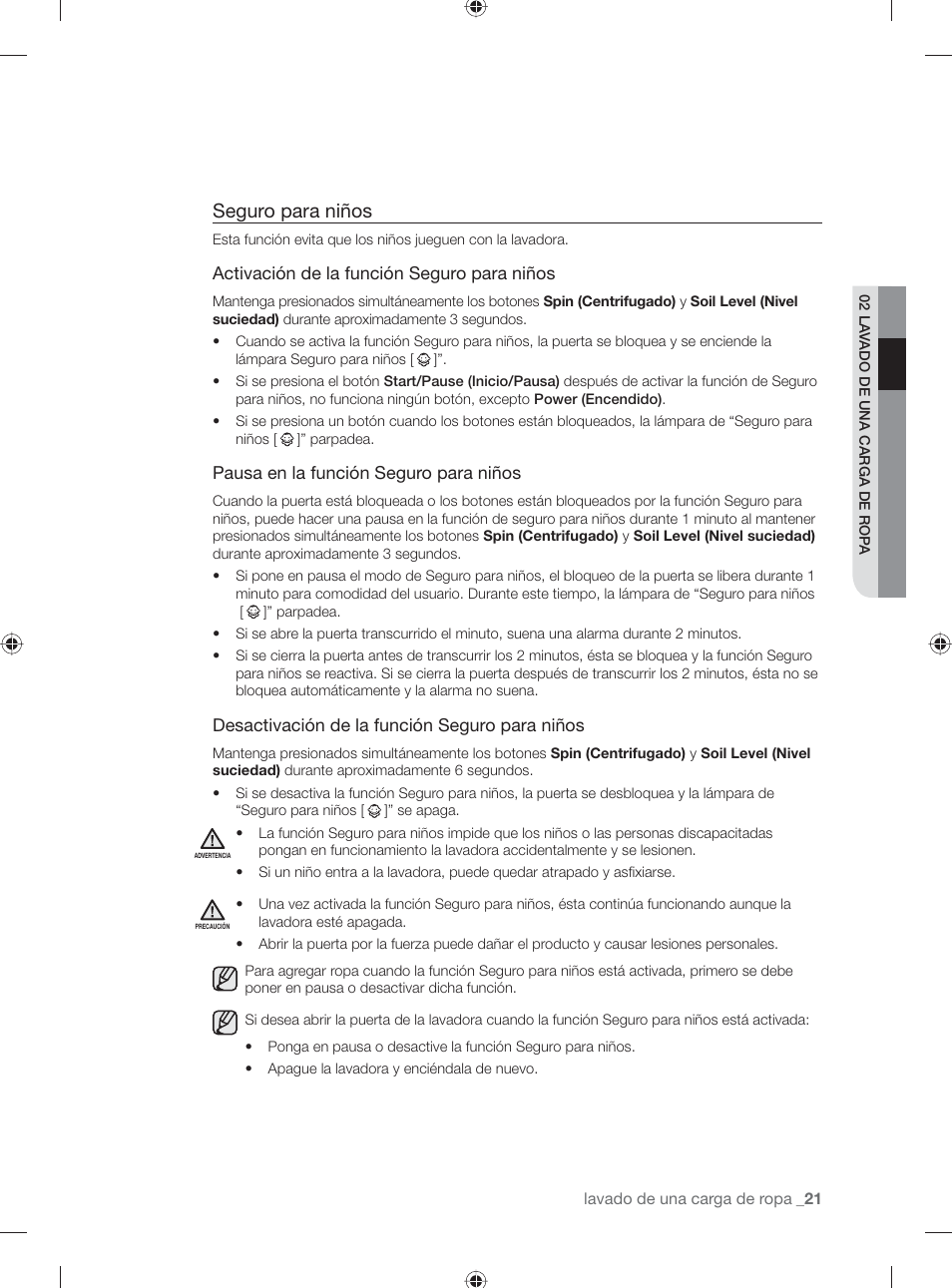 Seguro para niños | Samsung WF231ANW-XAA User Manual | Page 59 / 76