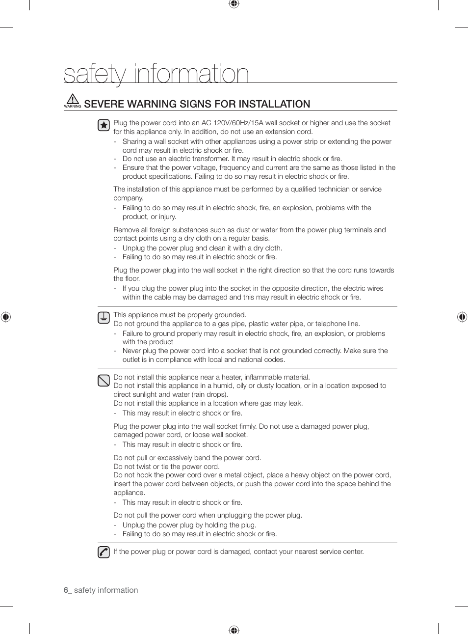 Safety information, Severe warning signs for installation | Samsung WF231ANW-XAA User Manual | Page 6 / 76