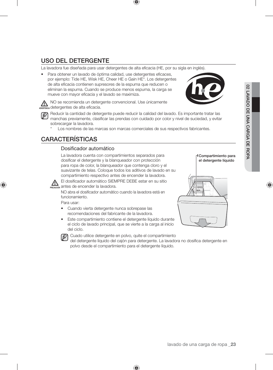 Uso del detergente, Características | Samsung WF231ANW-XAA User Manual | Page 61 / 76