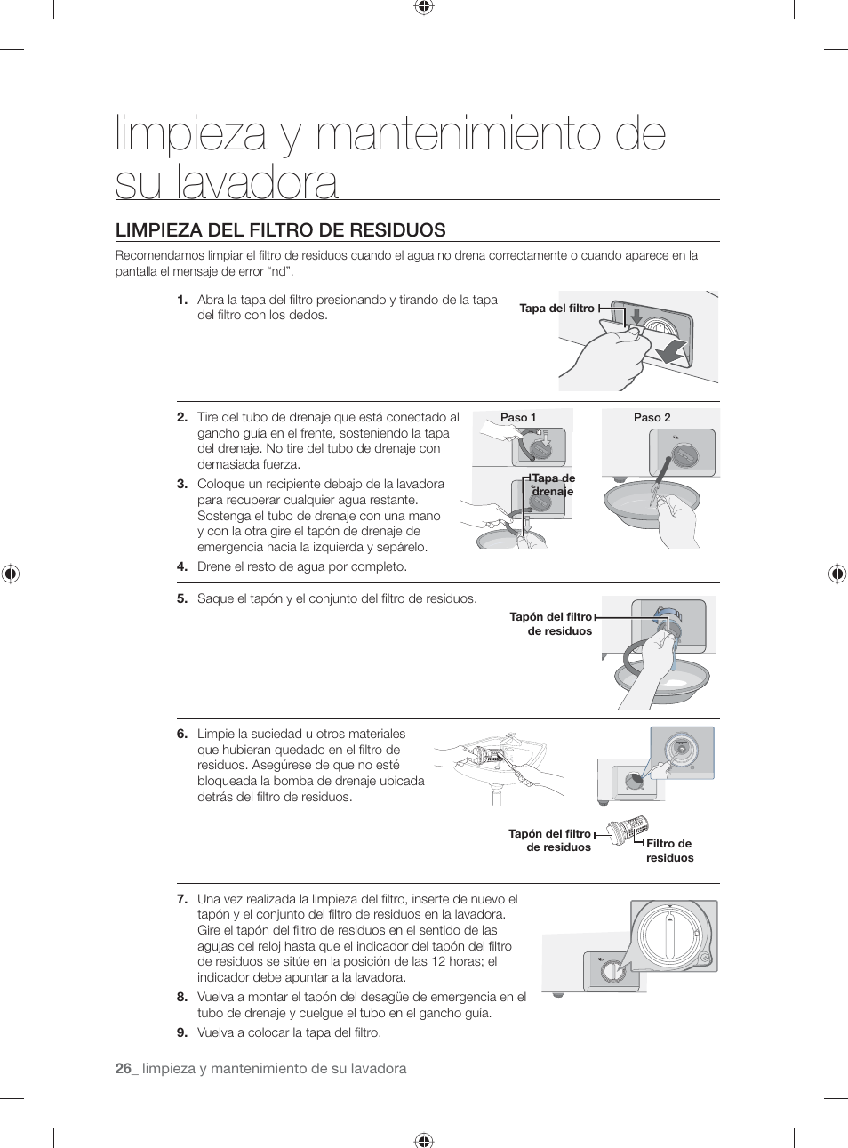 Limpieza y mantenimiento de su lavadora, Limpieza del filtro de residuos | Samsung WF231ANW-XAA User Manual | Page 64 / 76
