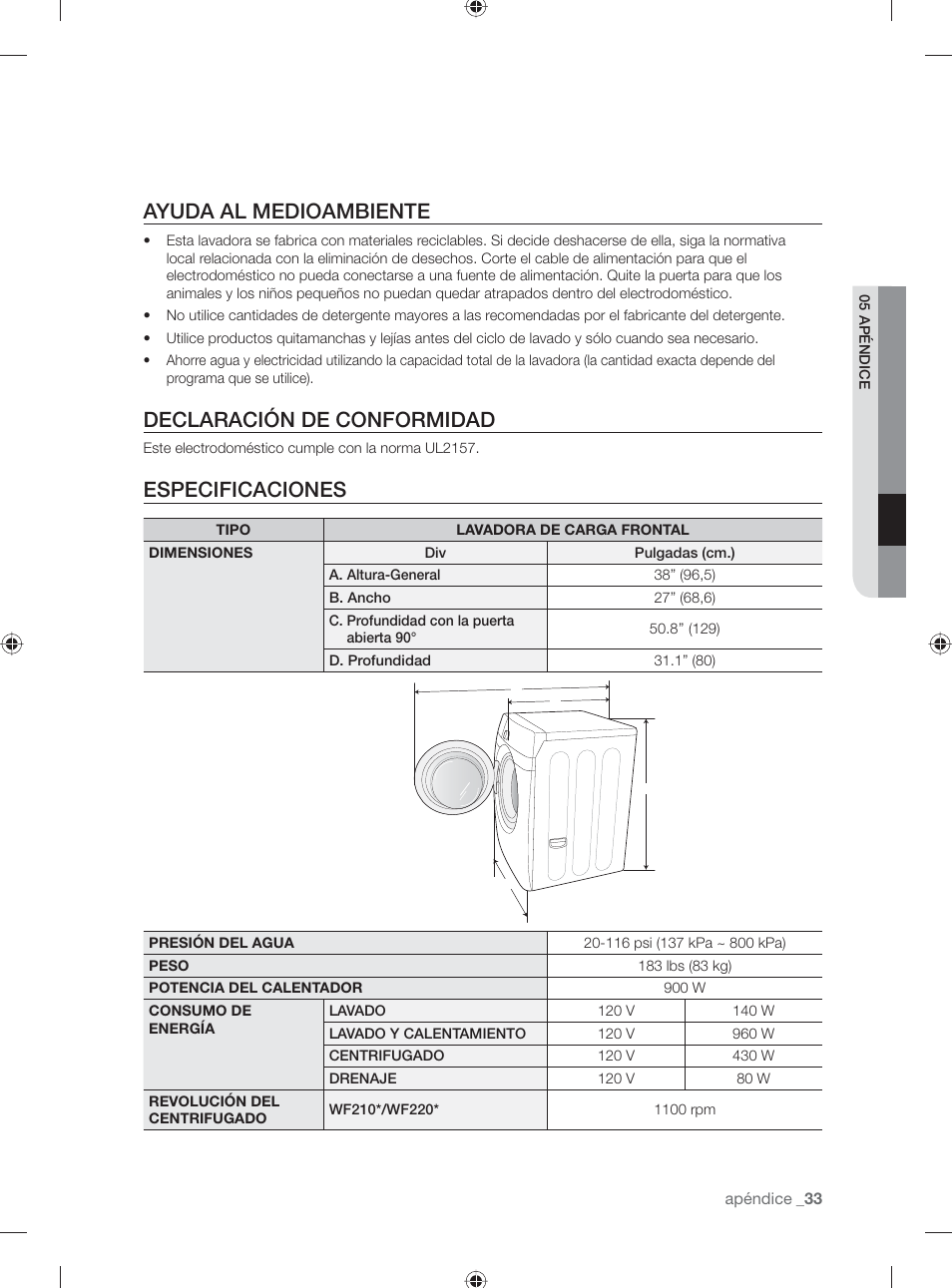 Ayuda al medioambiente, Declaración de conformidad, Especificaciones | Samsung WF231ANW-XAA User Manual | Page 71 / 76