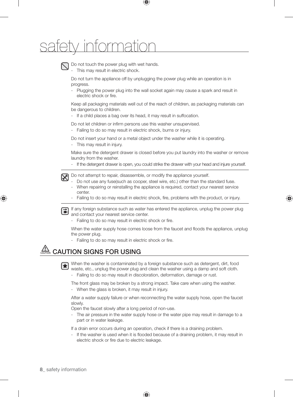 Safety information, Caution signs for using | Samsung WF231ANW-XAA User Manual | Page 8 / 76