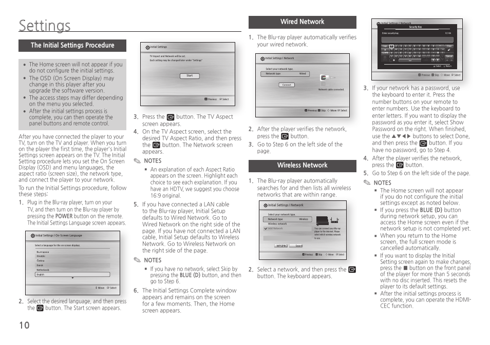 Settings, The initial settings procedure, Wired network | Wireless network | Samsung BD-H5900-ZA User Manual | Page 10 / 29