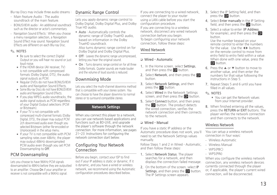 Network settings, Pcm downsampling, Dynamic range control | Downmixing mode, Configuring your network connection | Samsung BD-H5900-ZA User Manual | Page 13 / 29