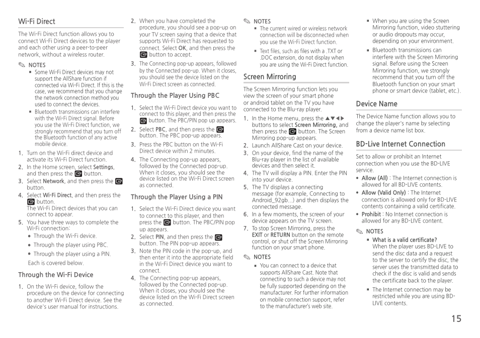 Wi-fi direct, Screen mirroring, Device name | Bd-live internet connection | Samsung BD-H5900-ZA User Manual | Page 15 / 29