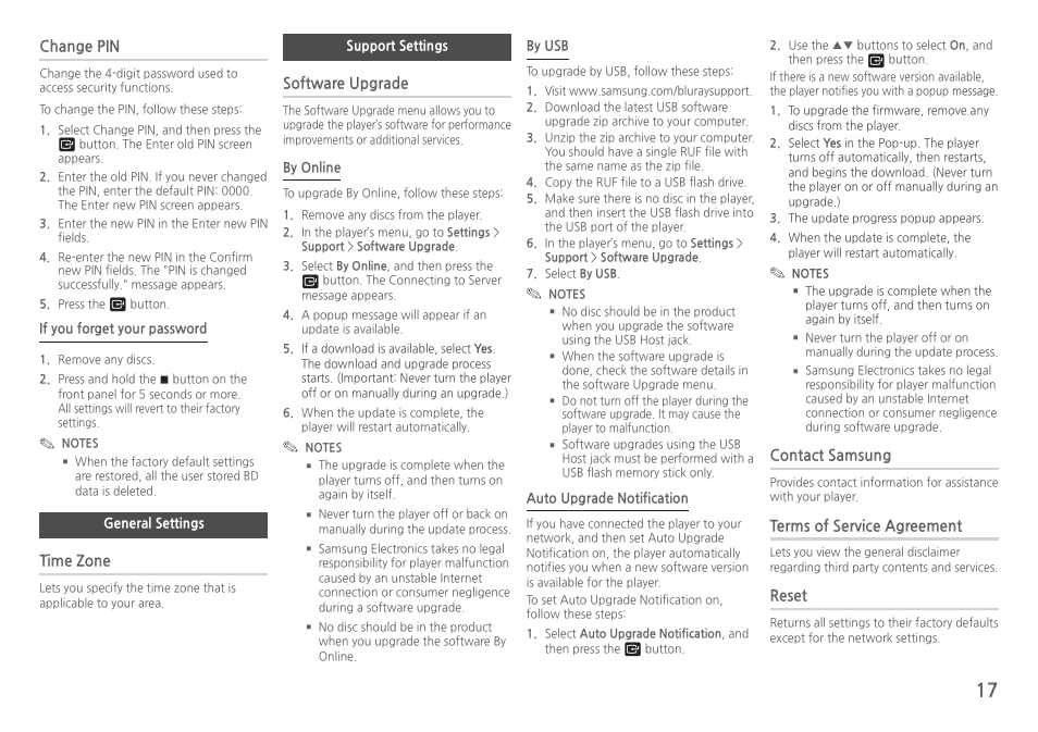 General settings, Support settings, Change pin | Time zone, Software upgrade, Contact samsung, Terms of service agreement, Reset | Samsung BD-H5900-ZA User Manual | Page 17 / 29