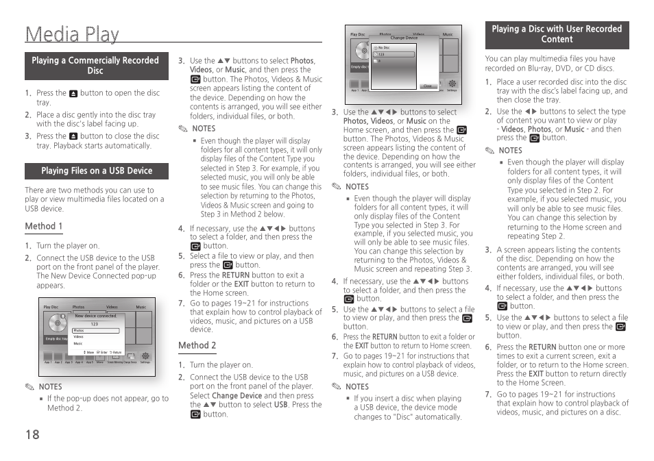 Media play, Playing a commercially recordeddisc, Playing files on a usb device | Playing a disc with user recordedcontent | Samsung BD-H5900-ZA User Manual | Page 18 / 29