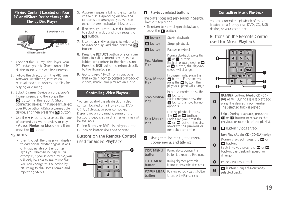 Controlling video playback, Controlling music playback | Samsung BD-H5900-ZA User Manual | Page 19 / 29