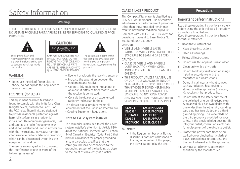 Safety information, Warning, Precautions | Caution, Important safety instructions | Samsung BD-H5900-ZA User Manual | Page 2 / 29