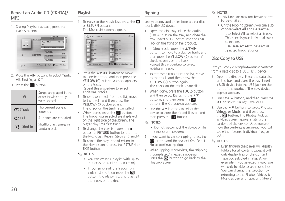 Repeat an audio cd (cd-da)/ mp3, Playlist, Ripping | Disc copy to usb | Samsung BD-H5900-ZA User Manual | Page 20 / 29