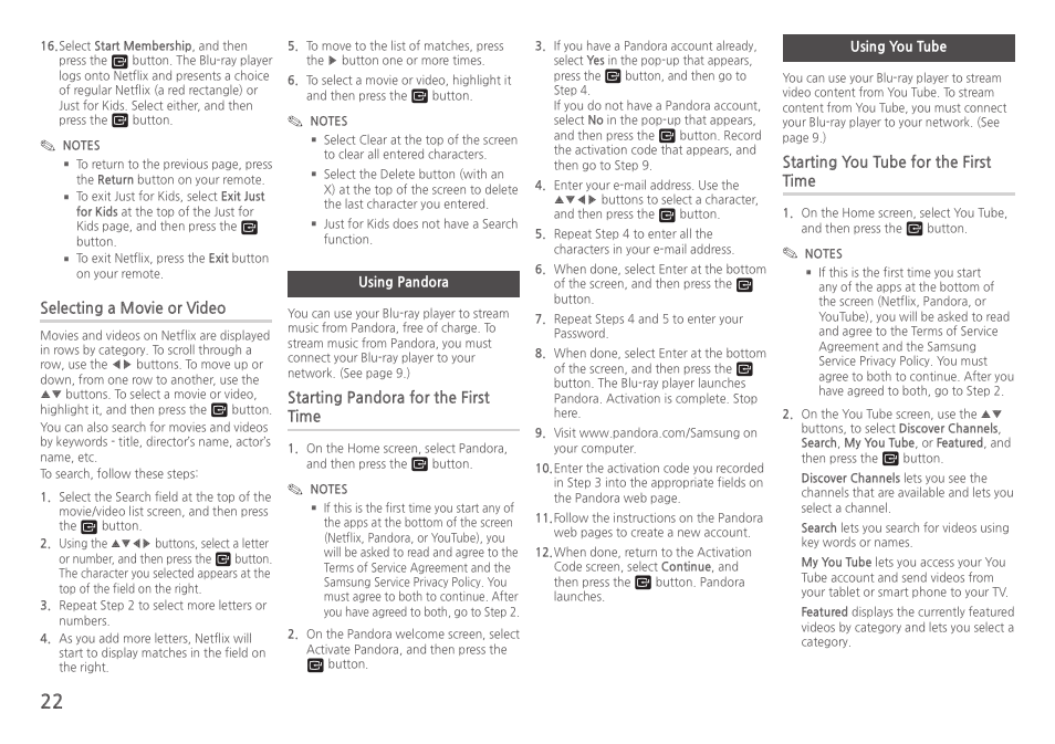 Using pandora, Using you tube | Samsung BD-H5900-ZA User Manual | Page 22 / 29