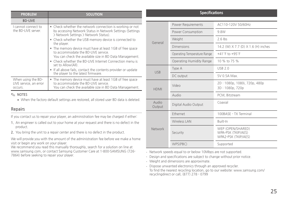 Specifications, Repairs | Samsung BD-H5900-ZA User Manual | Page 25 / 29