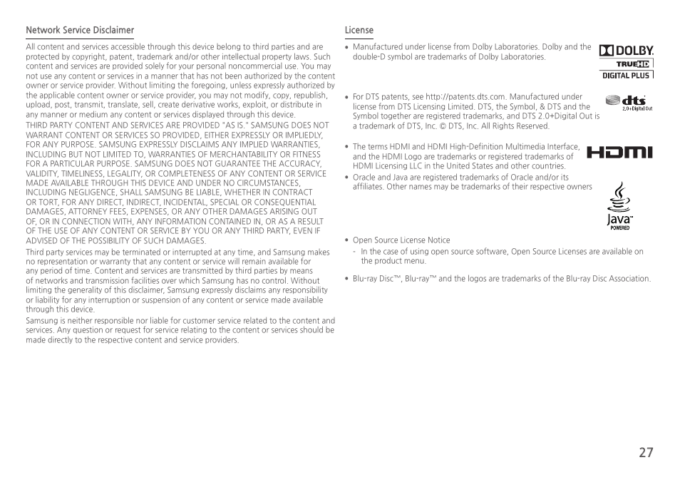 Network service disclaimer, License | Samsung BD-H5900-ZA User Manual | Page 27 / 29