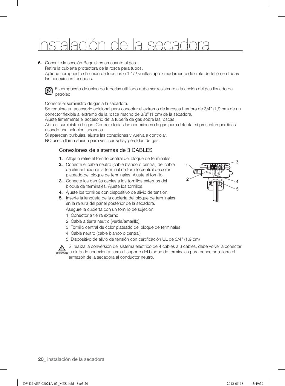 Instalación de la secadora | Samsung DV431AGP-XAA User Manual | Page 100 / 120