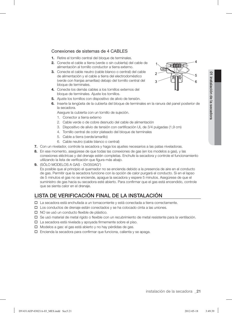 Lista de verificación final de la instalación | Samsung DV431AGP-XAA User Manual | Page 101 / 120