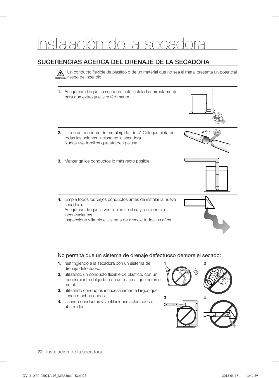 Instalación de la secadora, Sugerencias acerca del drenaje de la secadora | Samsung DV431AGP-XAA User Manual | Page 102 / 120