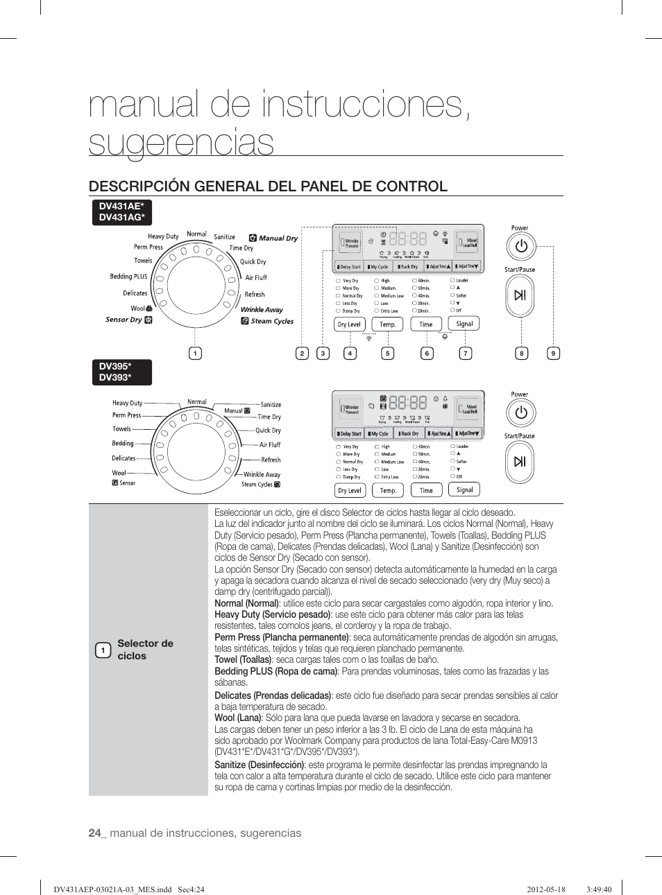 Manual de instrucciones, sugerencias, Descripción general del panel de control | Samsung DV431AGP-XAA User Manual | Page 104 / 120