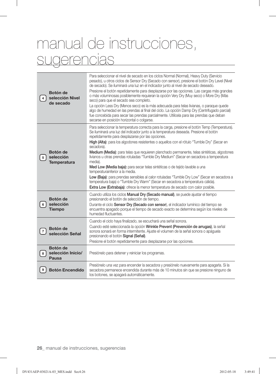 Manual de instrucciones, sugerencias | Samsung DV431AGP-XAA User Manual | Page 106 / 120