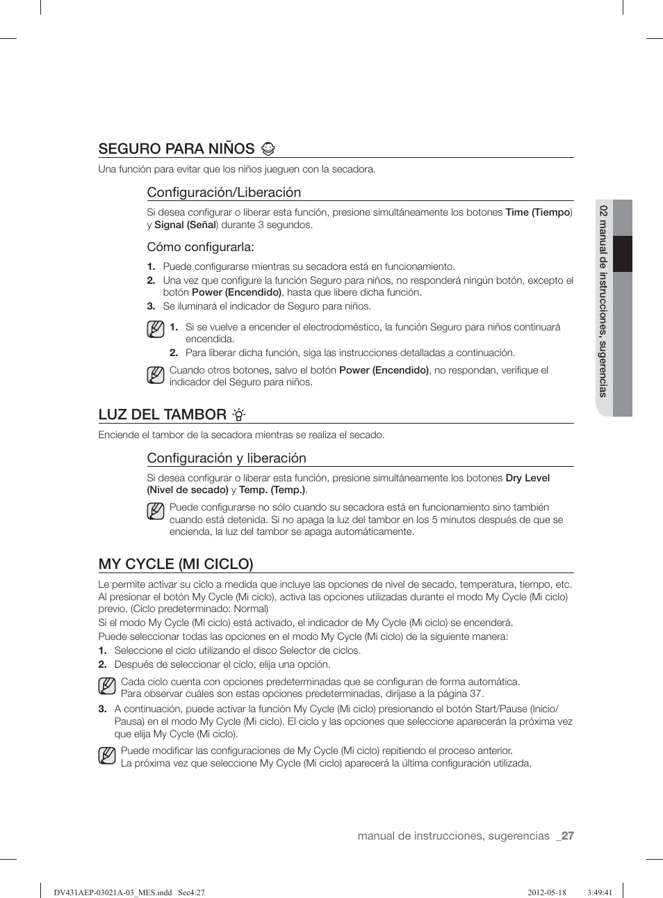 Seguro para niños, Luz del tambor, My cycle (mi ciclo) | Configuración/liberación, Configuración y liberación | Samsung DV431AGP-XAA User Manual | Page 107 / 120