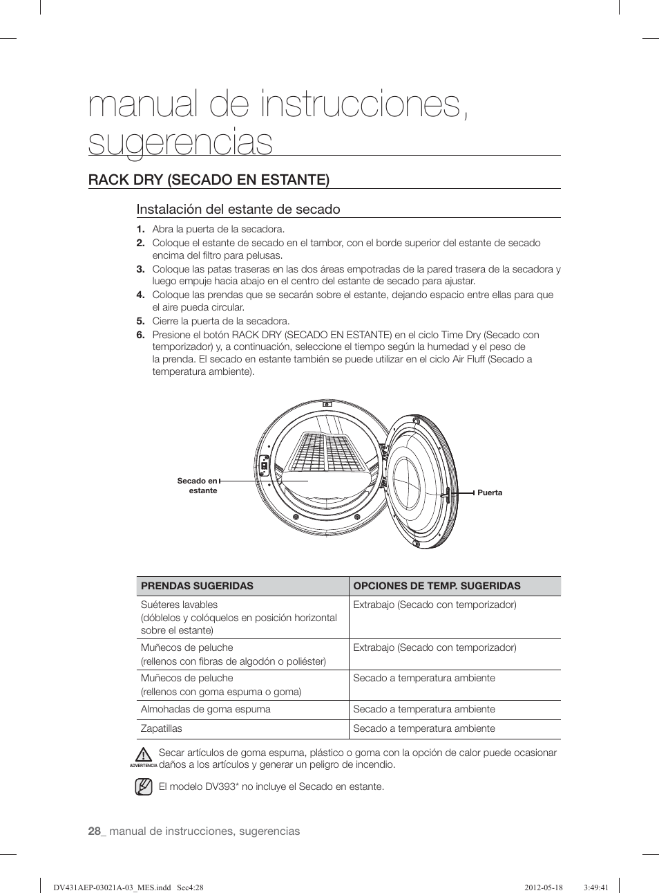 Manual de instrucciones, sugerencias, Rack dry (secado en estante), Instalación del estante de secado | Samsung DV431AGP-XAA User Manual | Page 108 / 120