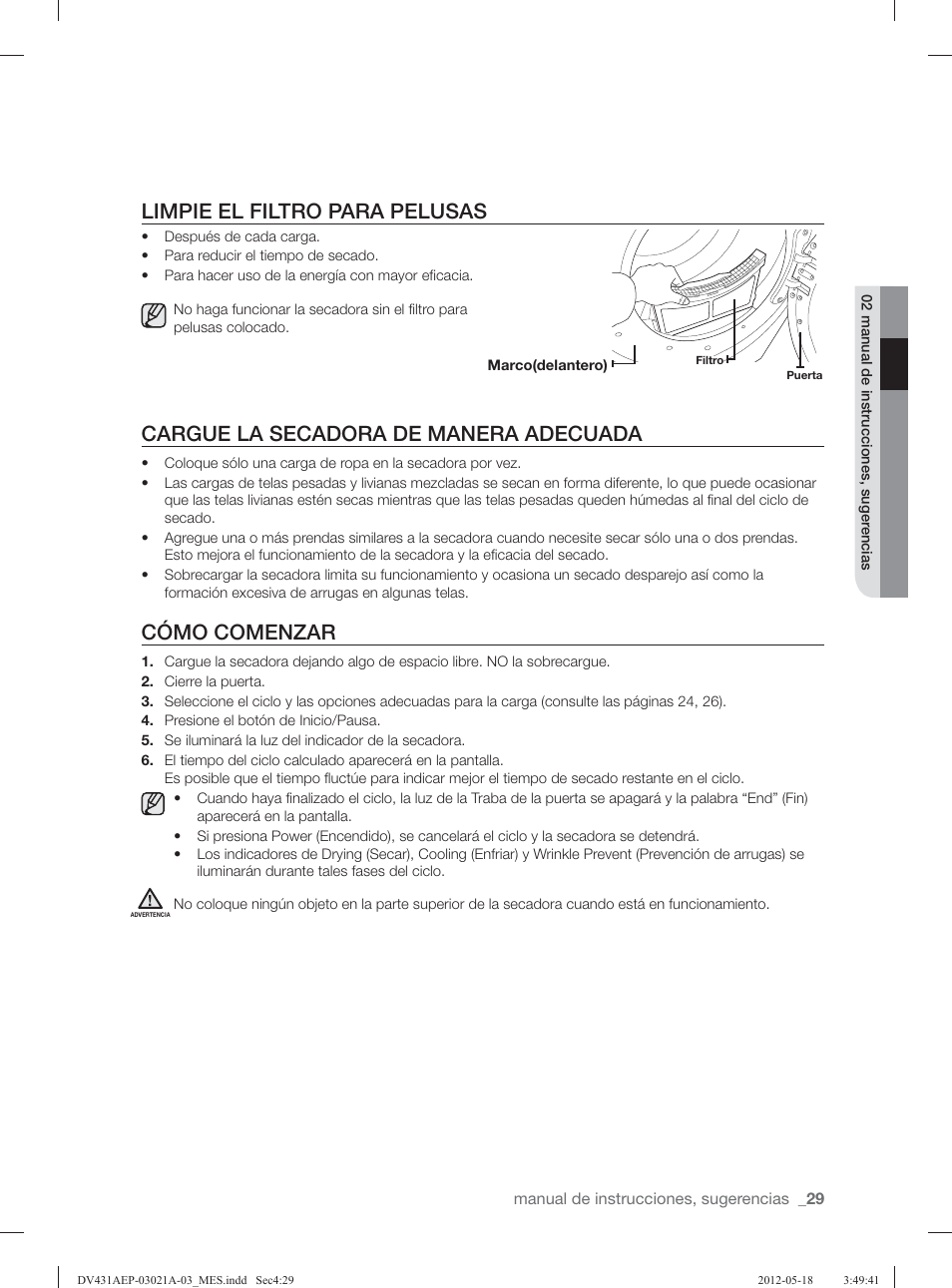 Limpie el filtro para pelusas, Cargue la secadora de manera adecuada, Cómo comenzar | Samsung DV431AGP-XAA User Manual | Page 109 / 120