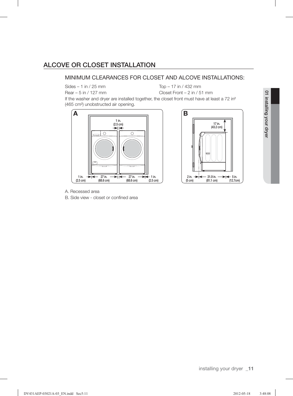 Alcove or closet installation | Samsung DV431AGP-XAA User Manual | Page 11 / 120