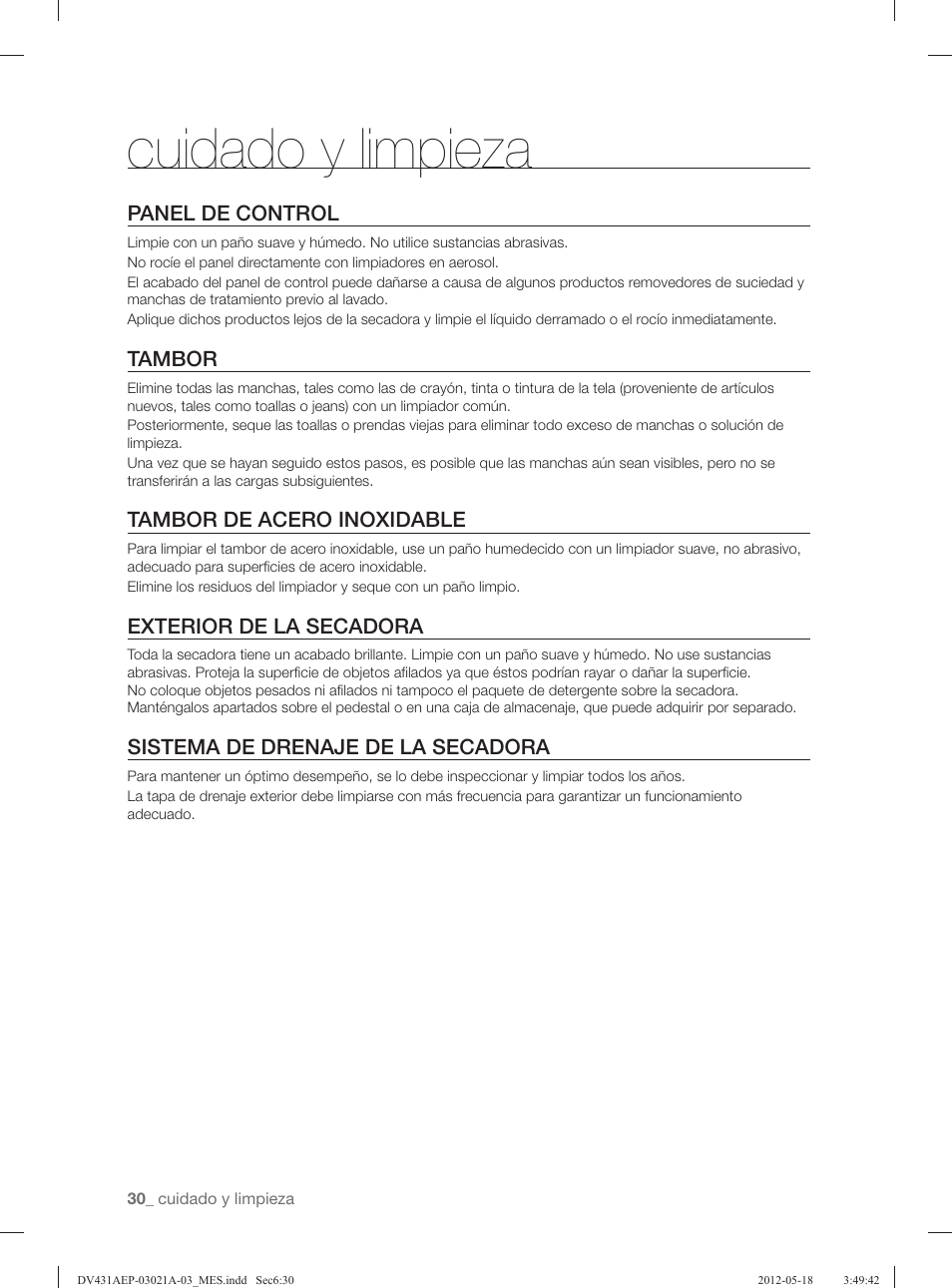 Cuidado y limpieza, Panel de control, Tambor | Tambor de acero inoxidable, Exterior de la secadora, Sistema de drenaje de la secadora | Samsung DV431AGP-XAA User Manual | Page 110 / 120