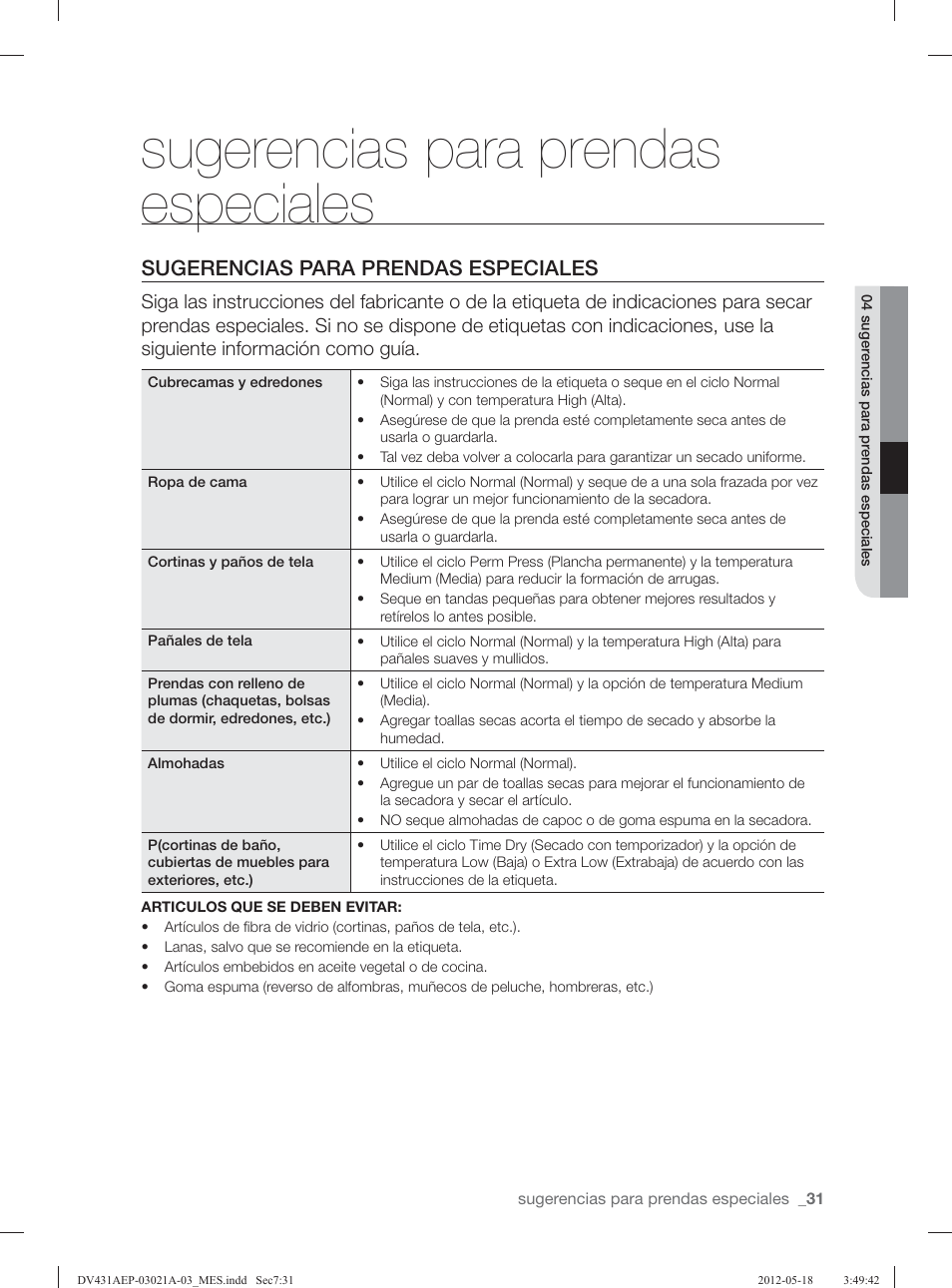 Sugerencias para prendas especiales | Samsung DV431AGP-XAA User Manual | Page 111 / 120